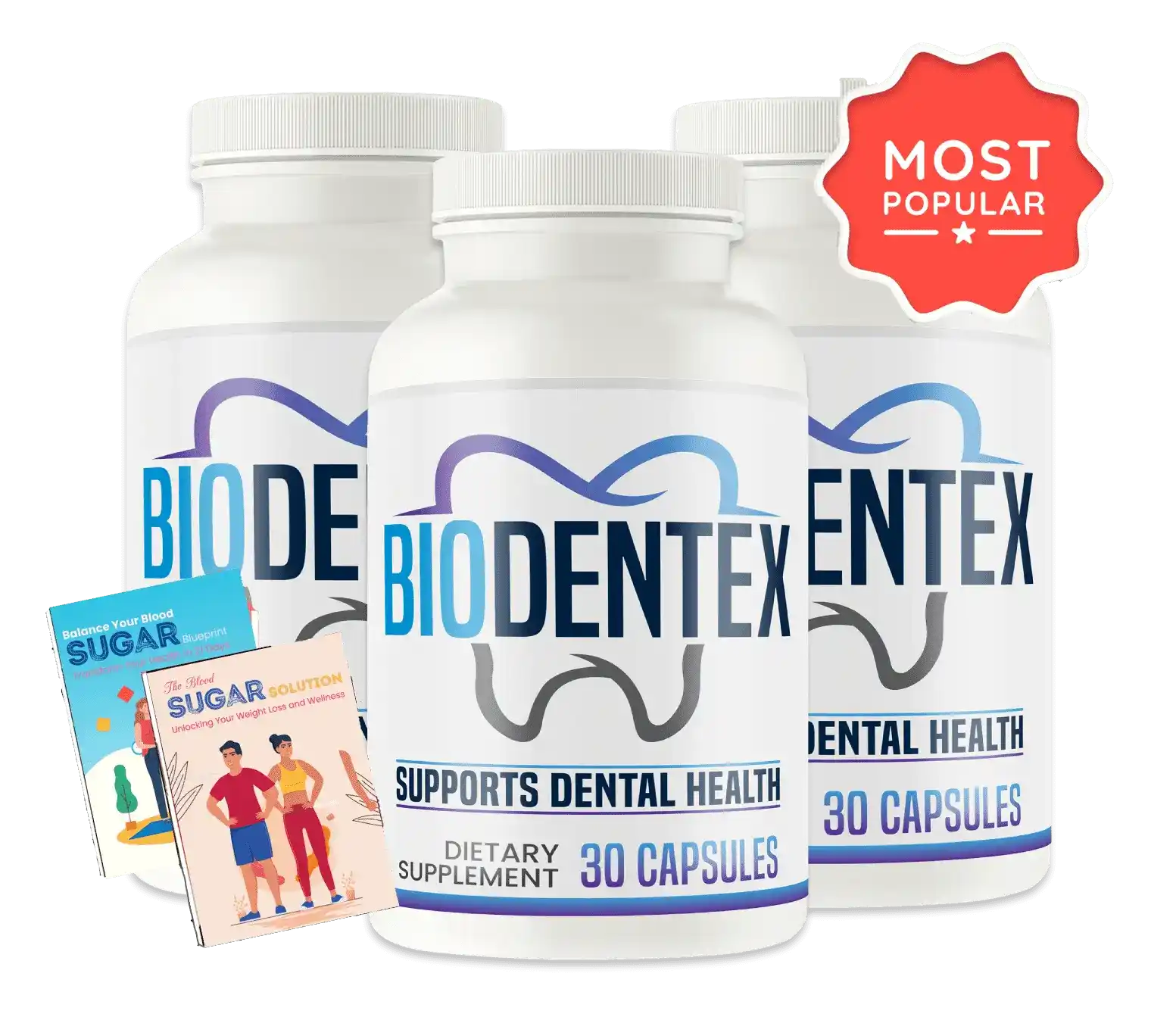 BioDentex oral health supplement bottles with free bonus digital guides for gum and teeth support