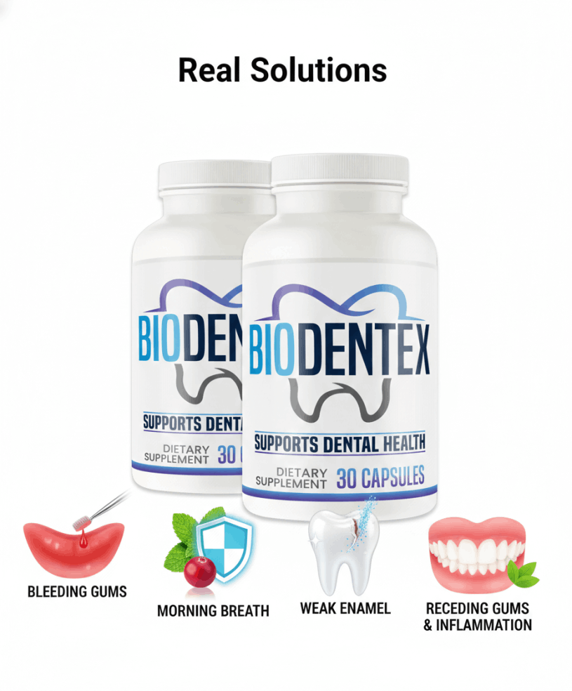 Two bottles of BioDentex dental health supplement with icons showing solutions for morning breath, receding gums, and inflammation.