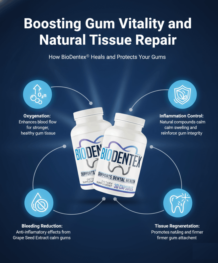 BioDentex dental capsules providing natural tissue repair and gum health support with anti-inflammatory effects.